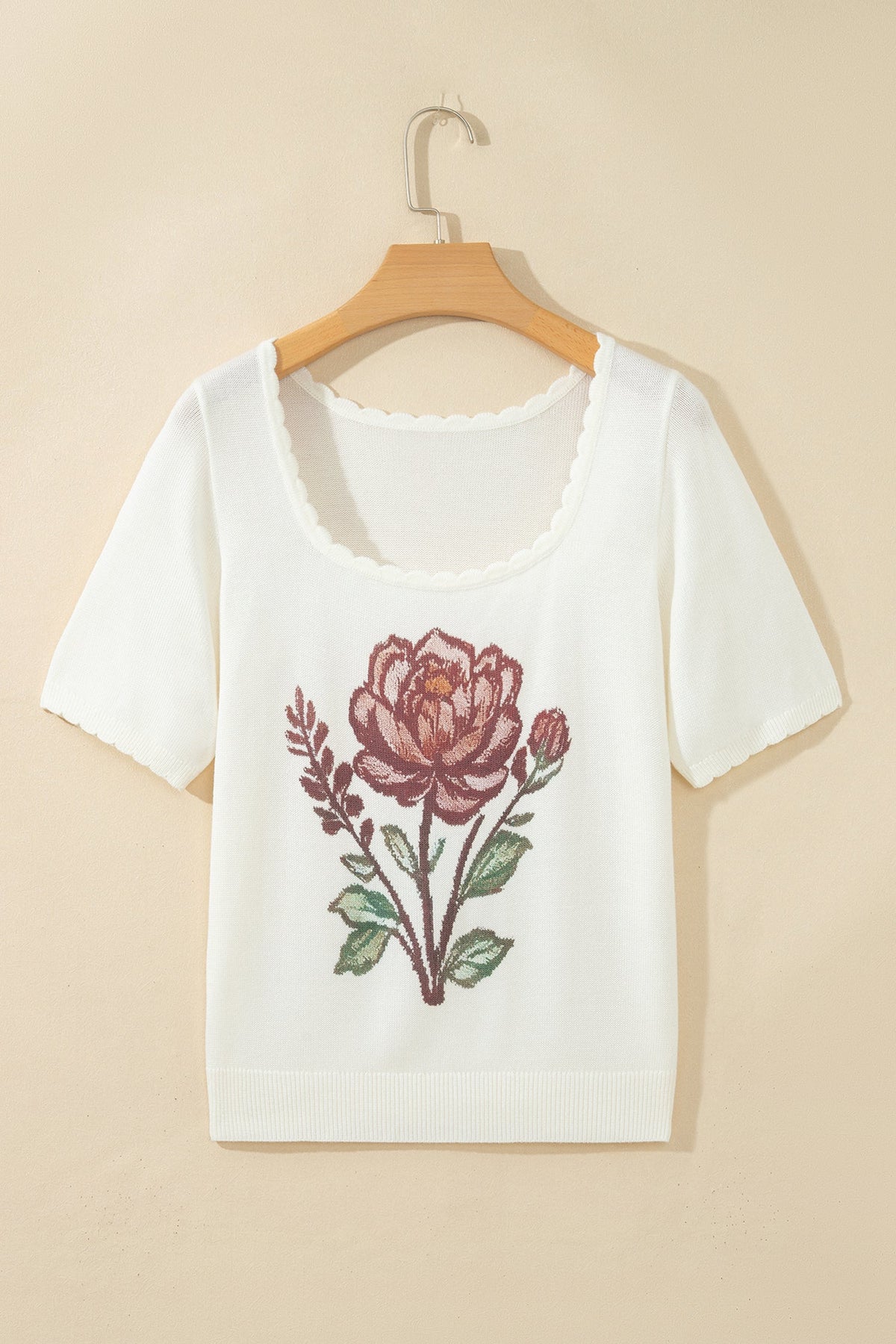 Western Floral Scalloped Square Neck Knit Top