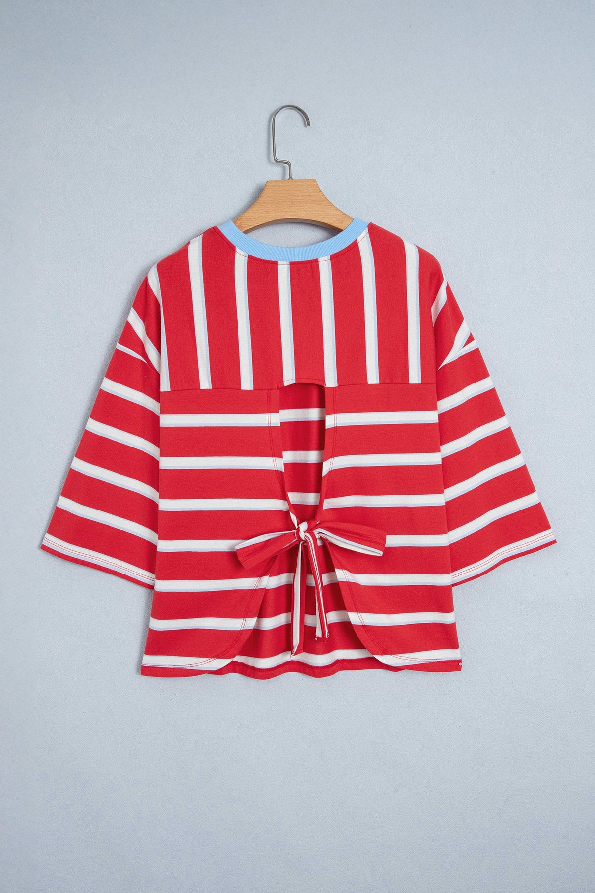 Stripe Bow Tie Hollow Back 3/4 Sleeve T-Shirt