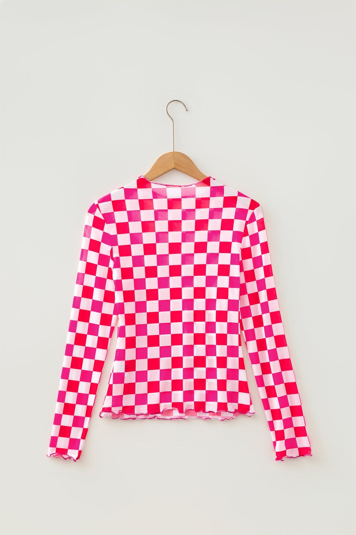 Checker Sheer Mesh Long Sleeve Blouse