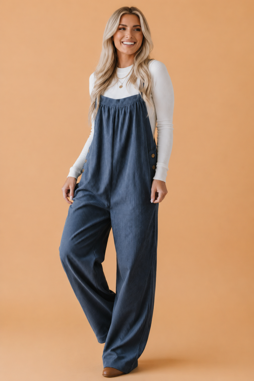 Solid Corduroy Buttoned Adjustable Straps Jumpsuit