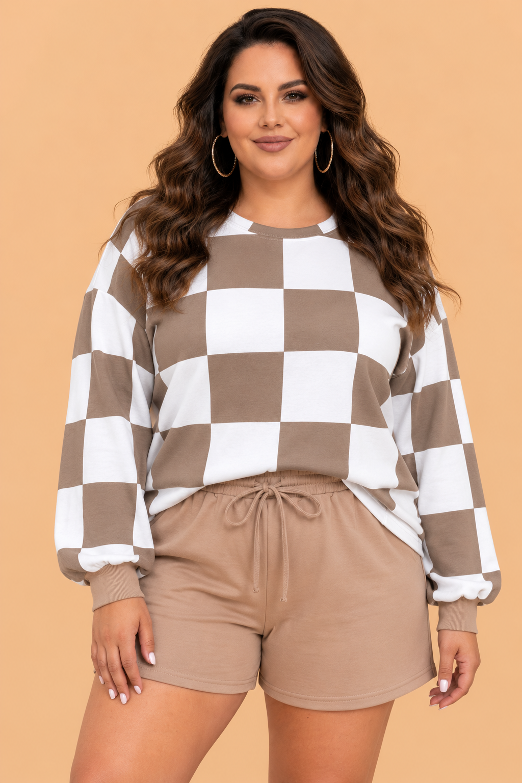 Plus Size Checker Long Sleeve Top & Shorts Set