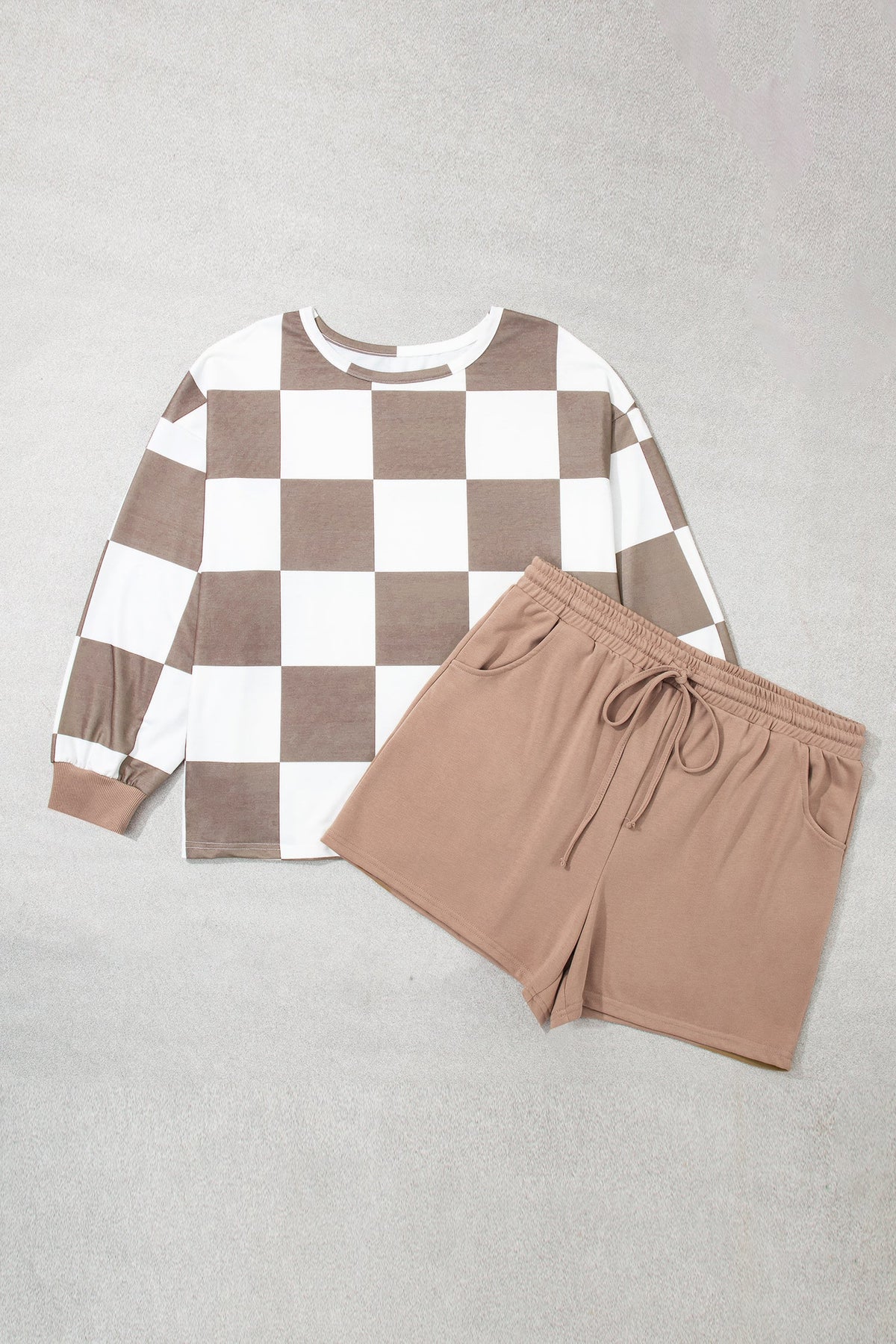 Plus Size Checker Long Sleeve Top & Shorts Set