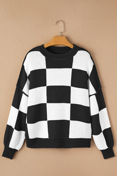 Checker Exposed Seam Drop Shoulder Long Sleeve Sweater